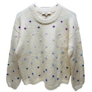 Loft Sweater Women's Small Ivory Multicolor Polkadot Fuzzy Bobble Knit Crewneck
